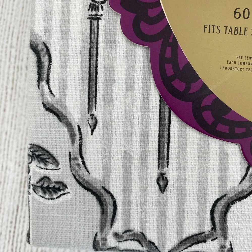 Madame Bones Tablecloth Halloween 60x120 Oblong Grey Gothic Skull Candelabra